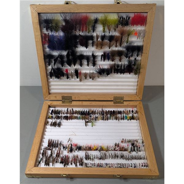 Assorted Fly Fishing Fly Collection w/ Wooden Storage Case