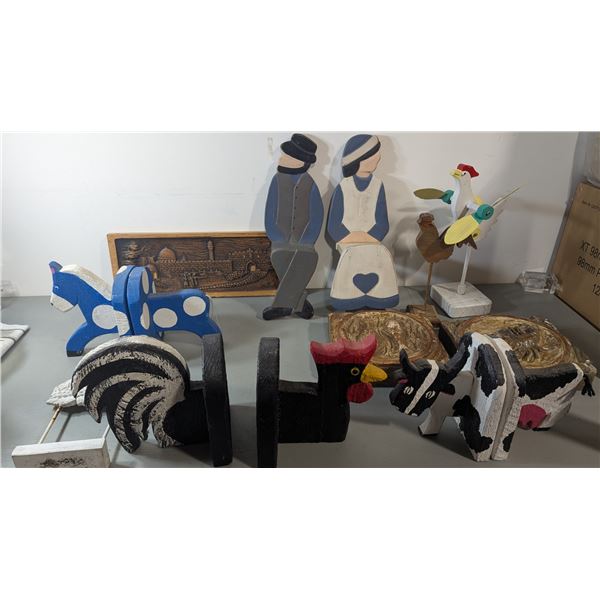 Assorted Folk Art Painted Wood Figures - Amish Couple, Rooster, Cow & More