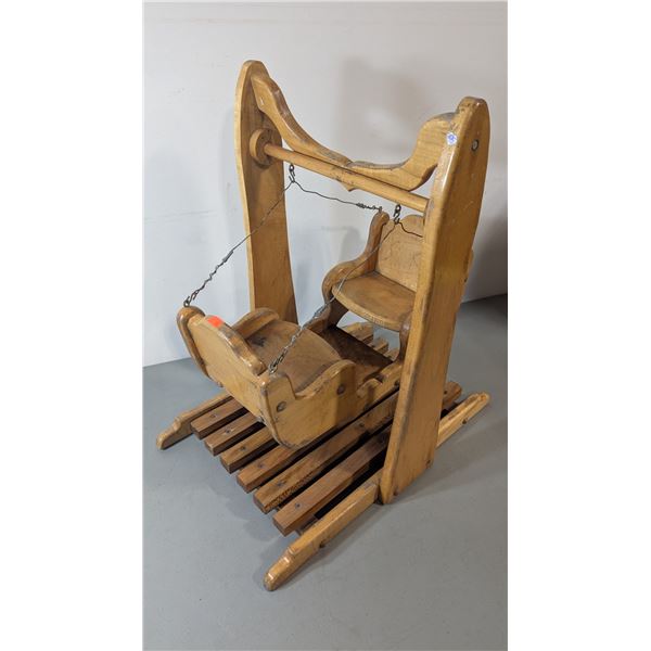 VTG Handmade Wooden Doll Swing & Cradle w/ Rocking Base