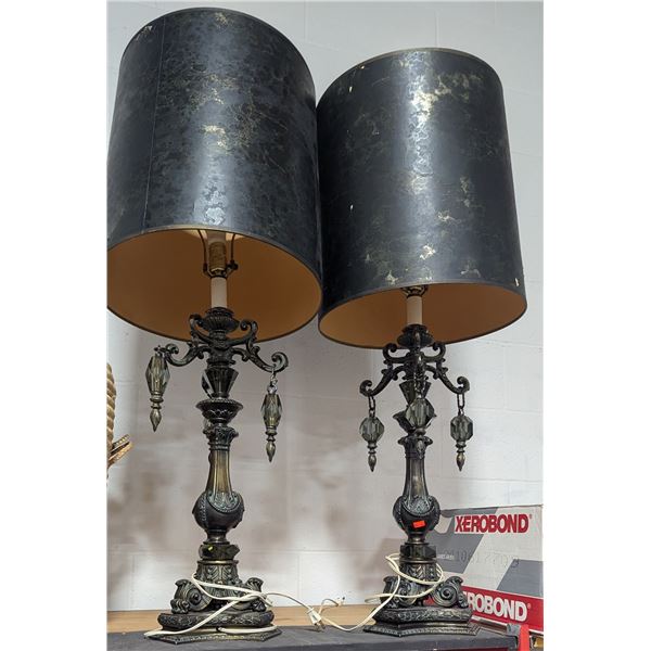 VTG Hollywood Regency Table Lamp Pair w/ Hanging Crystal Prisms & Shades