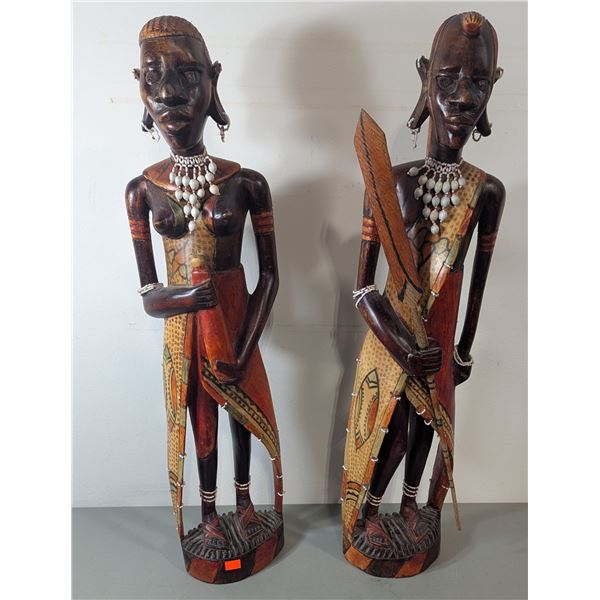 VTG African Maasai Warrior & Woman Hand-Carved Wood Figures w/ Beadwork