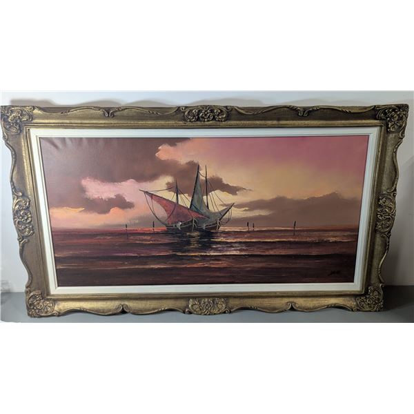 Dave Signed Original Oil on Canvas Sailboat Seascape Painting w/ Ornate Frame