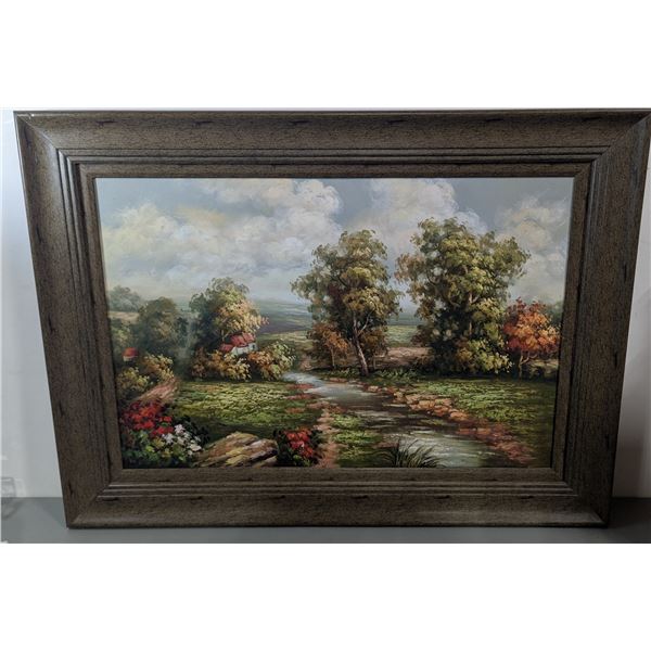 Unsigned Original Oil on Canvas Country Landscape Painting w/ Wood Frame