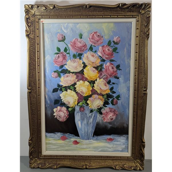 Unsigned Original Oil on Canvas Rose Floral Still Life Painting w/ Ornate Frame