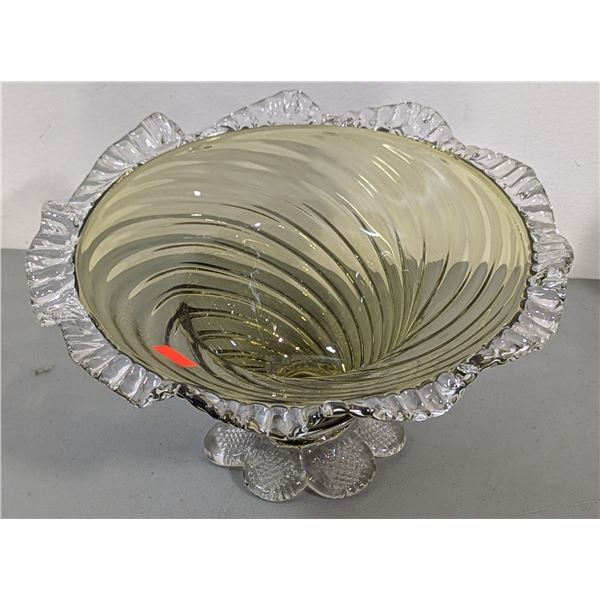 VTG Handblown Olive Green Art Glass Compote w/ Clear Ruffled Rim & Flower Foot