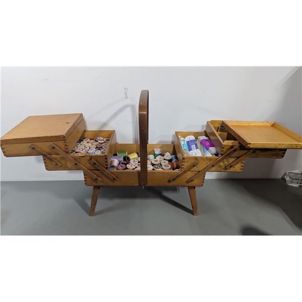VTG Wooden Cantilever Sewing Box w/ Thread
