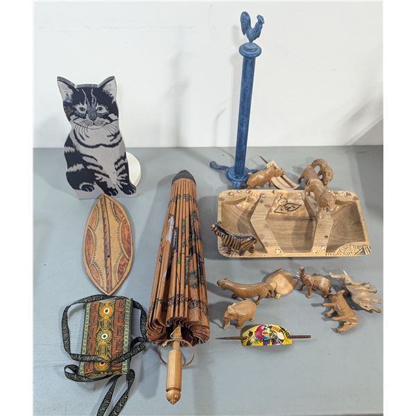 Assorted Folk Art Decor Lot - Carved Animals, Parasol, Wood Case, Cat & More