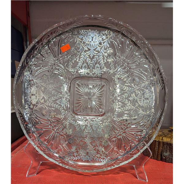 VTG Sterling Silver Overlay Pressed Glass Floral Serving Platter