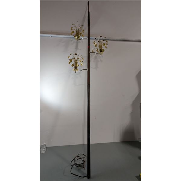 VTG Hollywood Regency MCM Tension Pole Floor Lamp w/ 3 Brass Floral Light Fixtures