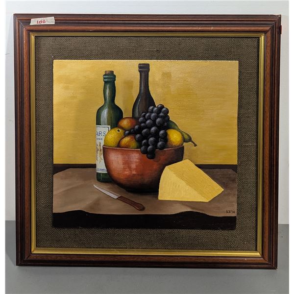 VTG 1974 Signed S.D. Still Life Painting w/ Wine, Fruit & Cheese