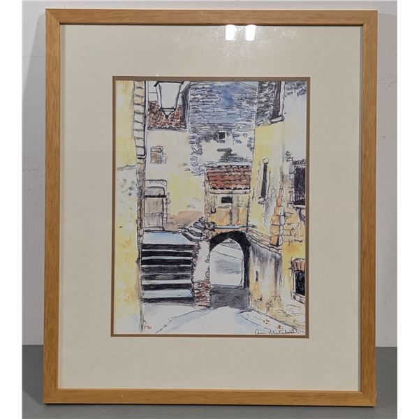Ann Mitchell European Street Scene Watercolor Painting - Framed