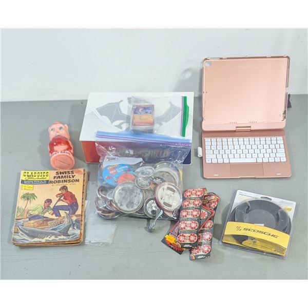 VTG / Y2K Assorted Collectibles w/ Pokémon Cards, Pinback Buttons, Swiss Family Robinson & More