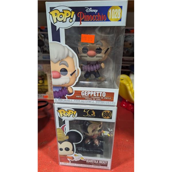 Two Disney Pop Funkos - Pinocchio Gepeto & Beanstalk Mickey