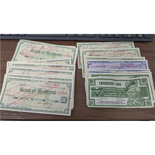 VTG Bank of Montreal Traveller’s Cheques w/ Canadian Tire Money - Assorted Lot