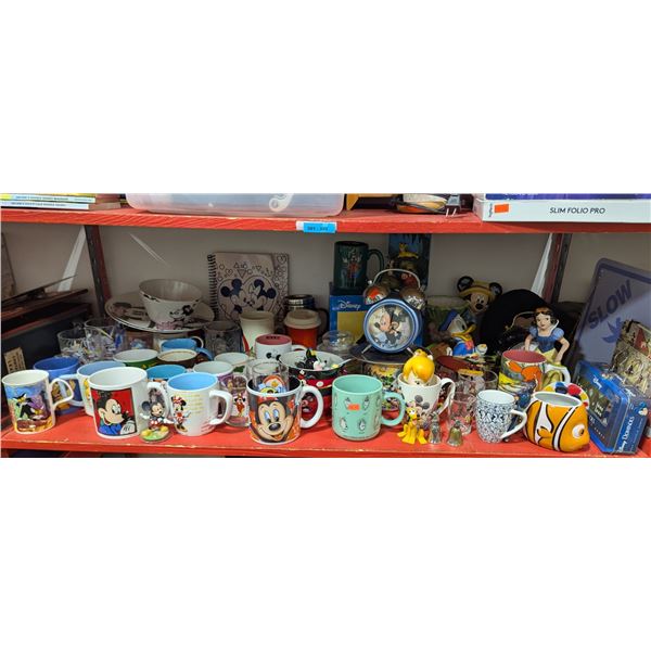 Disney Shelf Lot - Mugs, Dominos, Figurines, Mickey Alarm Clock & More