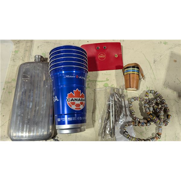 Assorted Barware & Collectibles w/ Molson Ultra Canada Cups, Flask, Coca-Cola Case & More
