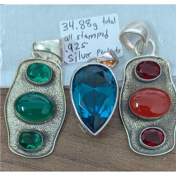 3x .925 Sterling Silver Pendants w/ Coloured Stones - 34.88g Total