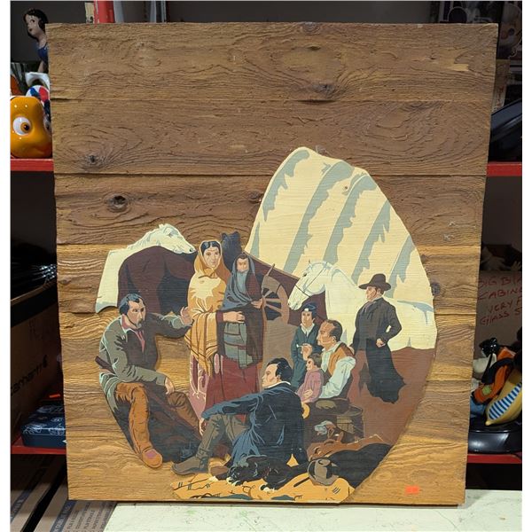 Folk Art Painted Wood Wall Panel w/ Mountain Village Scene