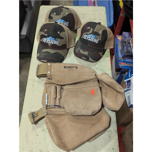 Lot of Three Keystone Camo Ball Caps & Kuny's Tool Belts