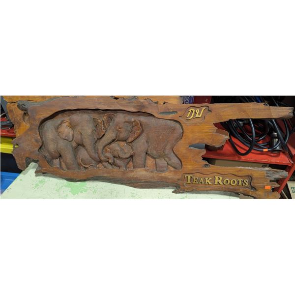 Thai Teak Root Carved Elephant Family Wall Plaque