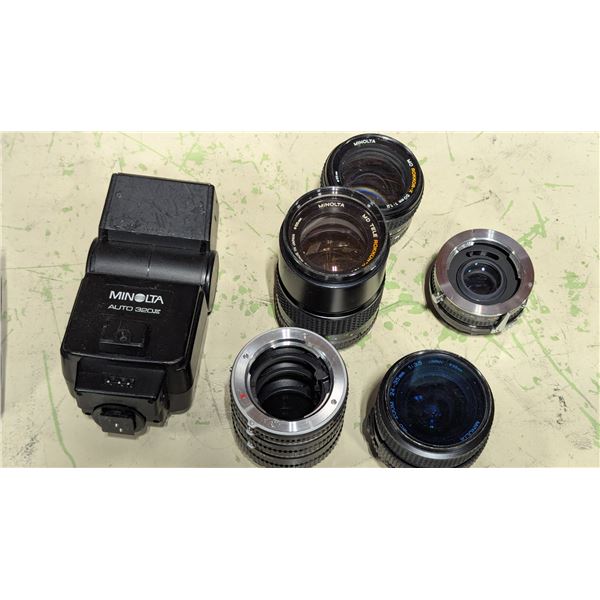 VTG Minolta MD Rokkor-X Lenses & Auto 320X Flash w/ Accessories