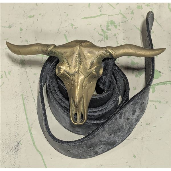 VTG Western Longhorn Brass Steer Skull Belt Buckle w/ Leather Belt
