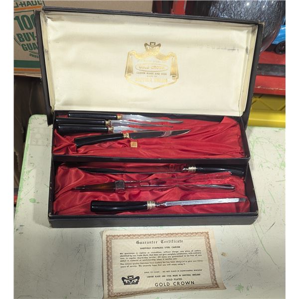 VTG Gold Crown Sheffield England Stainless Steel Carving & Knife Set w/ Case