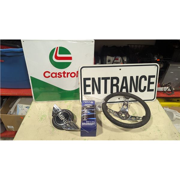 Castrol Automotive Sign, MINI Wing Emblem & Aftermarket Steering Wheel & More