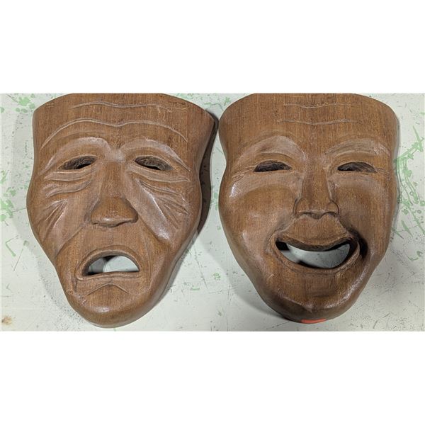 Carved Wood Comedy & Tragedy Theatre Masks