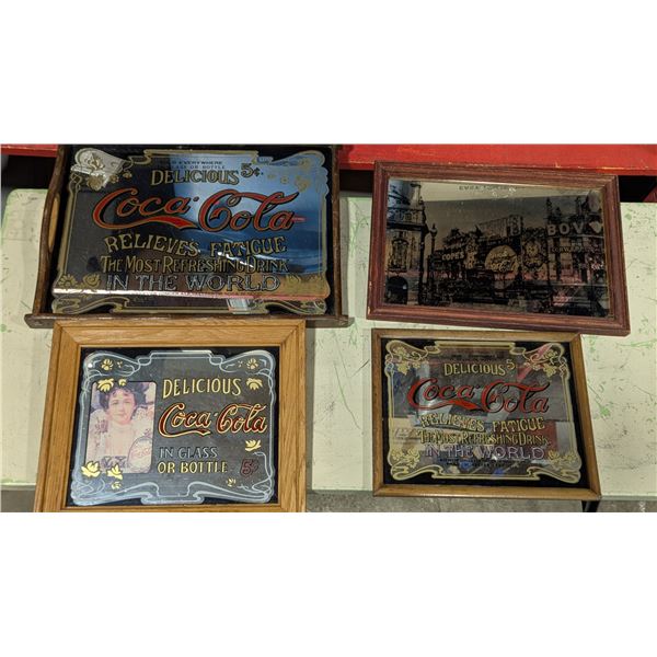 Framed Coca-Cola Advertising Mirrors w/ 5¢ Bottle & Delivery Wagon Designs - 4 Pc