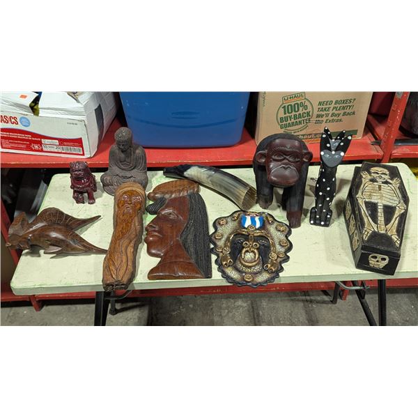 Assorted World Decor & Carved Figurines w/ Buddha, Monkey, African Bust, Horn & More