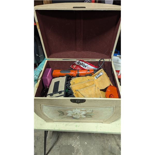 Assorted Power & Hand Tools w/ Black+Decker, Tool Belt, Saws & More w/ Wooden Chest