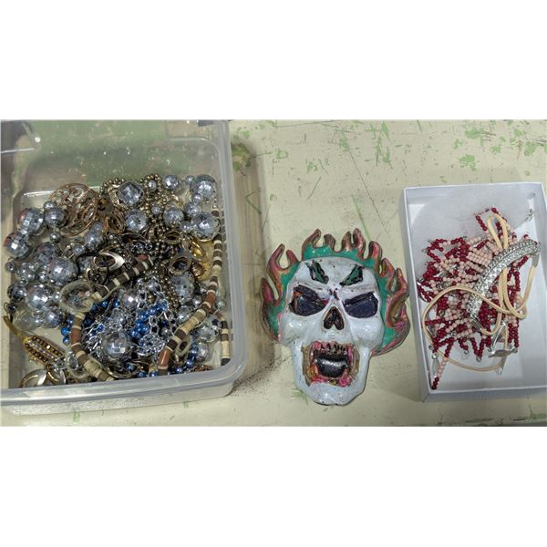 Jewelry Lot - Beaded Necklaces, Disco Ball Necklace, Painted Flaming Skull Plaque & More