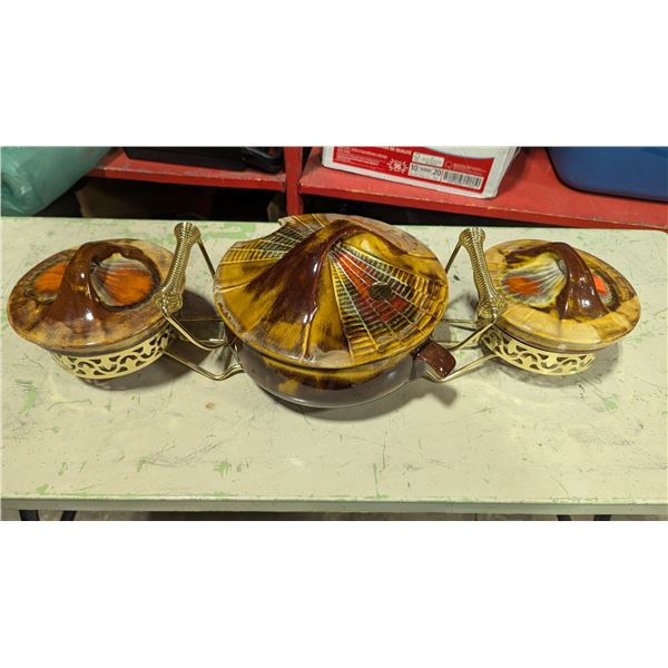 VTG California Sunset by Marcia Ceramic Serving Set w/ Lids & Metal Caddy