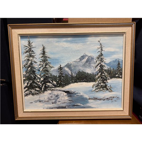 Winter Forest & Mountain Landscape Oil Painting Signed 'Betty' Framed