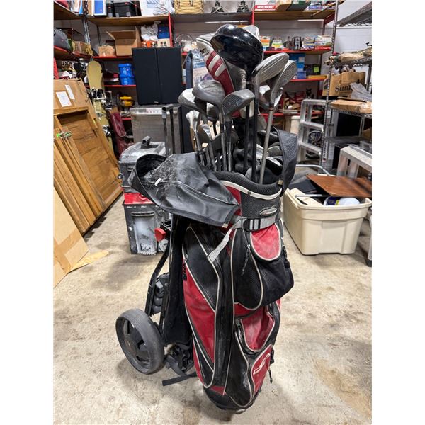Assorted Golf Clubs w/ TaylorMade Burner SuperFast, Hippo, Adams Golf Bag & Push Cart