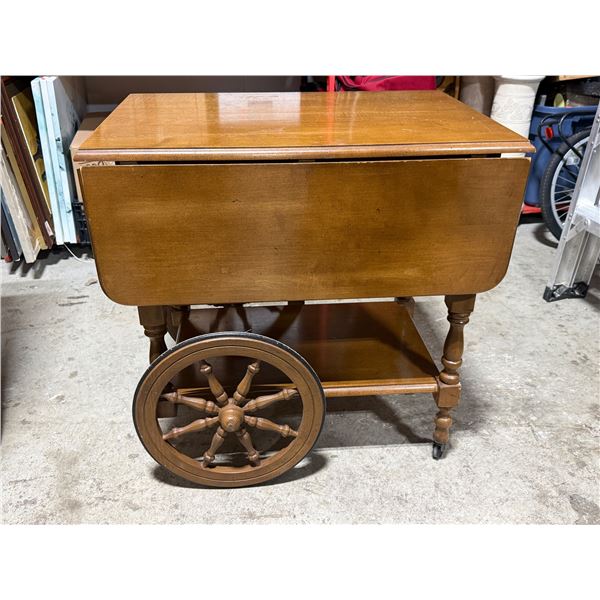 VTG Drop-Leaf Wood Tea / Serving Cart w/ Wagon Wheel & Casters