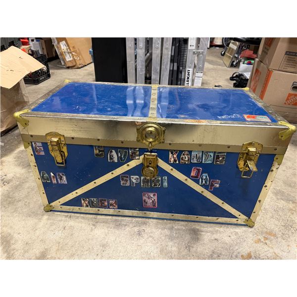 VTG Blue Steamer Trunk w/ Brass-Tone Hardware & Decals