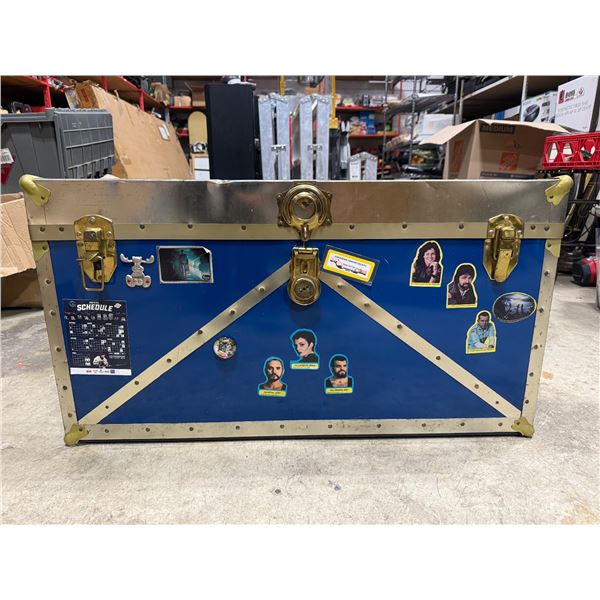 VTG Blue Steamer Trunk w/ Brass-Tone Hardware & Decals