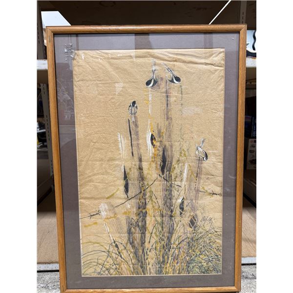Framed Bird & Reeds Painting on Textured Paper