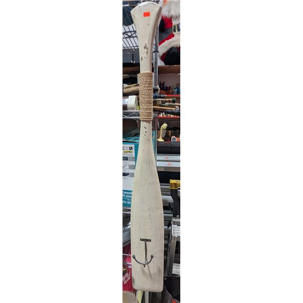 Decorative Wood Oar Wall Rack w/ Metal Hooks & Rope Detail
