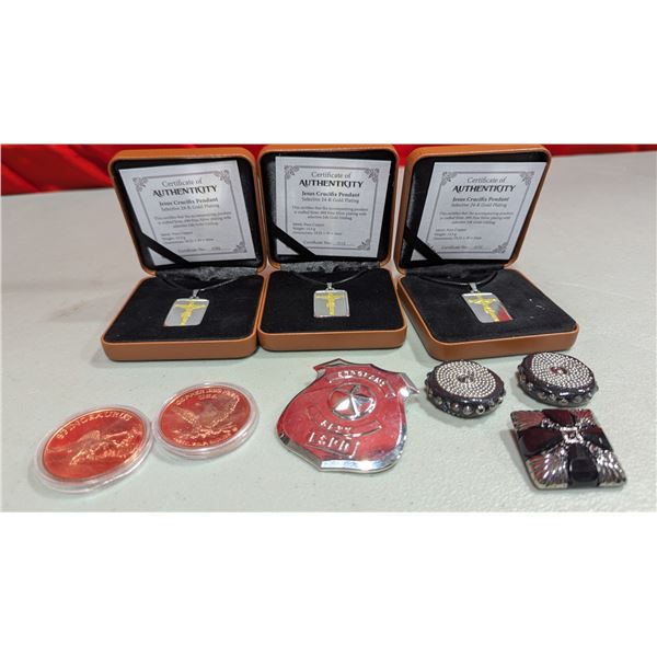 Coastal Treasures Jesus Crucifix Pendants w/ COAs, Dinosaur Copper Rounds, Badge & More