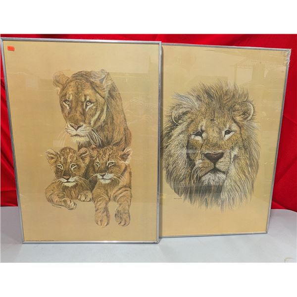 VTG Hans P. Luetcke Lion & Lioness w/ Cubs Framed Prints - 2 Pc
