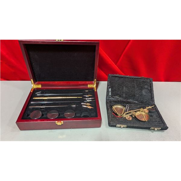 VTG Calligraphy / Dip Pen Set w/ Nibs, Holders & Ink Wells + Brass Balance Scale Set