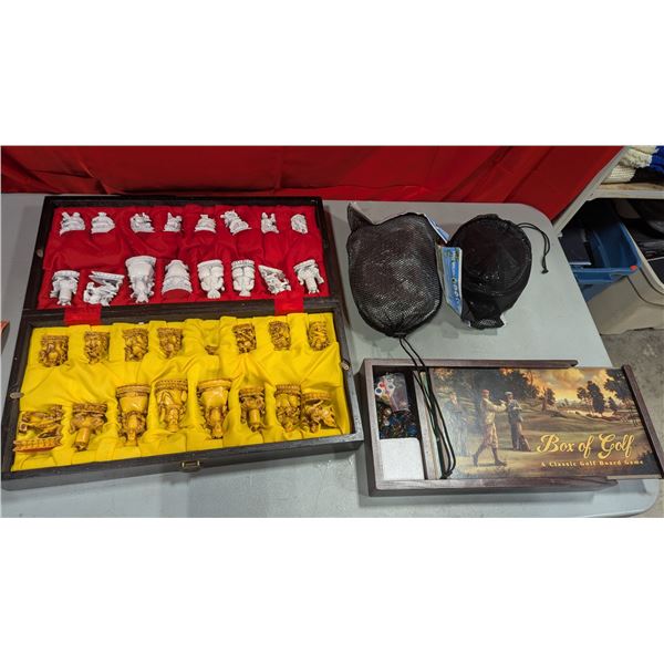 Chinese Style Chess Set (Missing 1 Pawn), Box of Golf Board Game and 2 Snorkeling Masks