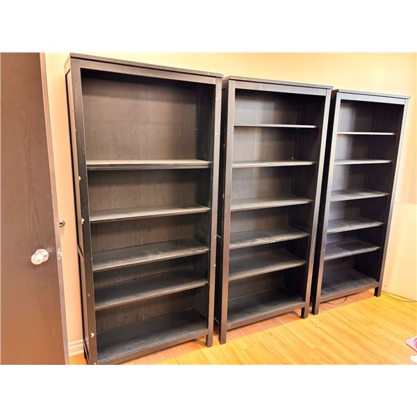 LOT OF 3 WOODEN SHELVES 35"x14"x78" (FROM T.V. SHOW)