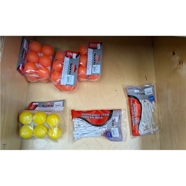 LOT OF PRACTICE GOLF BALLS AND WOODEN TEES