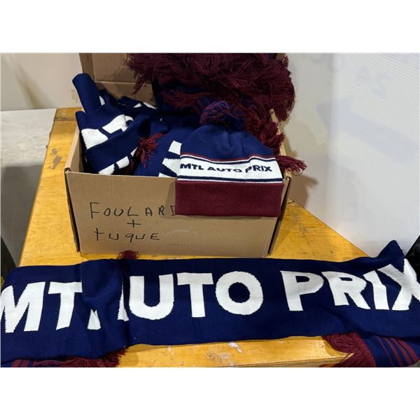 LOT OF 8 HATS AND 9 SCARVES WITH "AUTO PRIX" LOGO