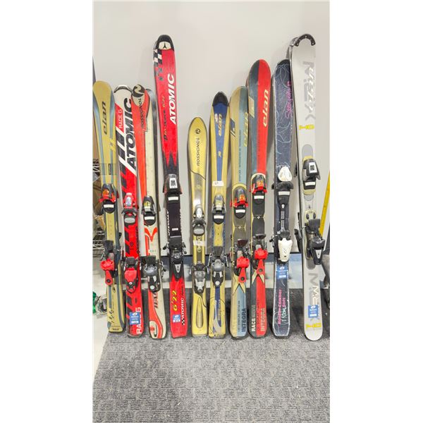 LOT OF 10 **USED** ASSORTED ALPINE SKIS WITH BINDINGS