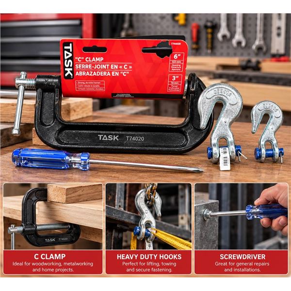 Task C Clamp, Screwdriver, Grab Hooks Lot